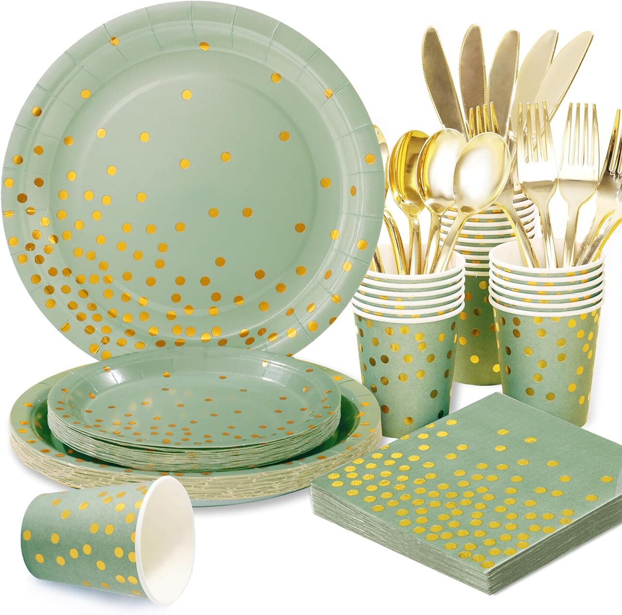 175-piece sage green and gold disposable party supplies set, including paper plates and napkins. Perfect for serving 25 guests, ideal for holiday, wedding, or birthday celebrations, adding a touch of elegance to your event.